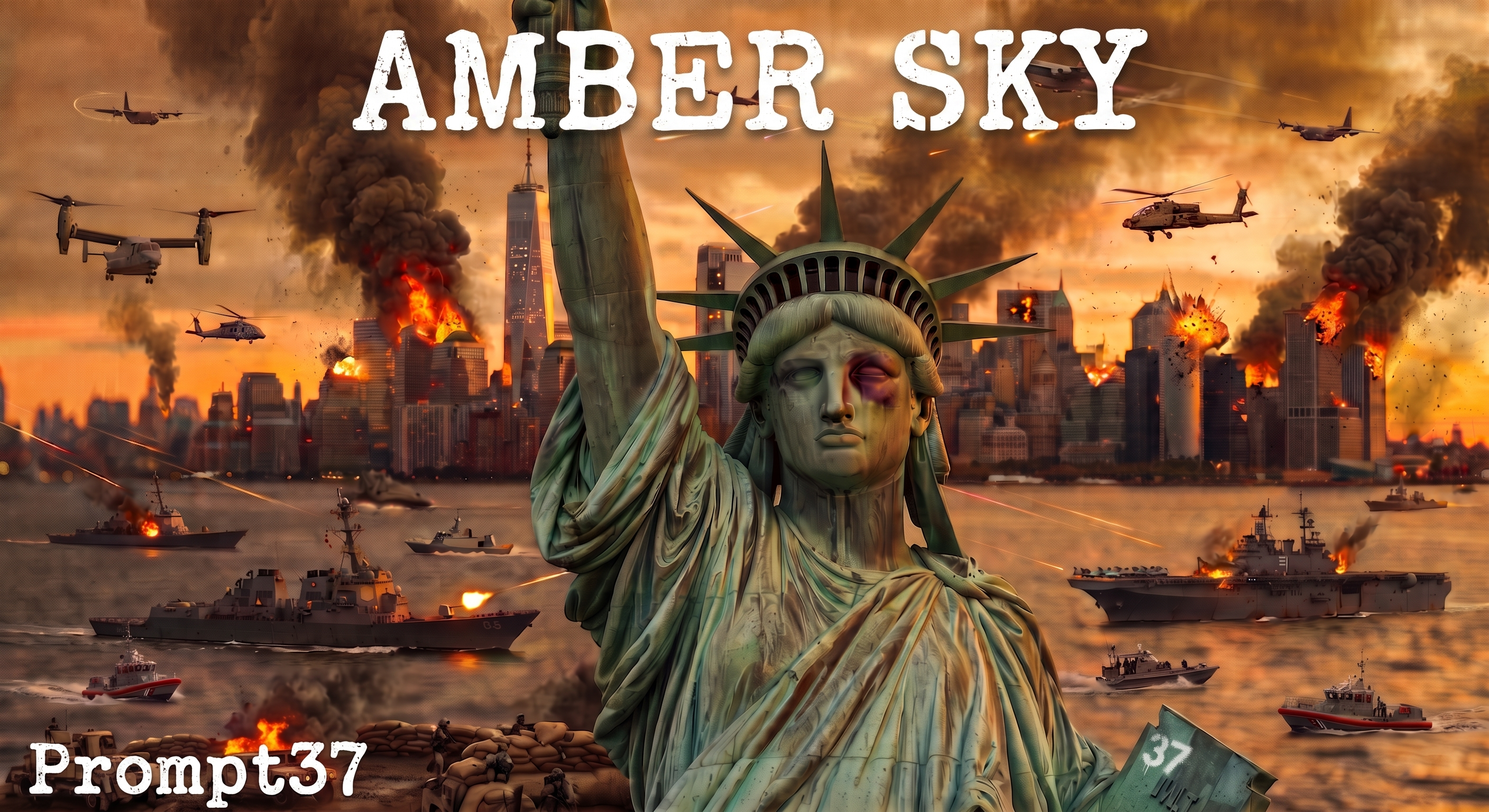 An AI picture of the New York skyline being bombed with helicopters and drones in the air and warships in the water with the statue of libery front in center. The statue has a bruise surrounding her left eye and there is text across the top saying 'Amber Sky' and in the left hand corner some more text that says 'Prompt37'
